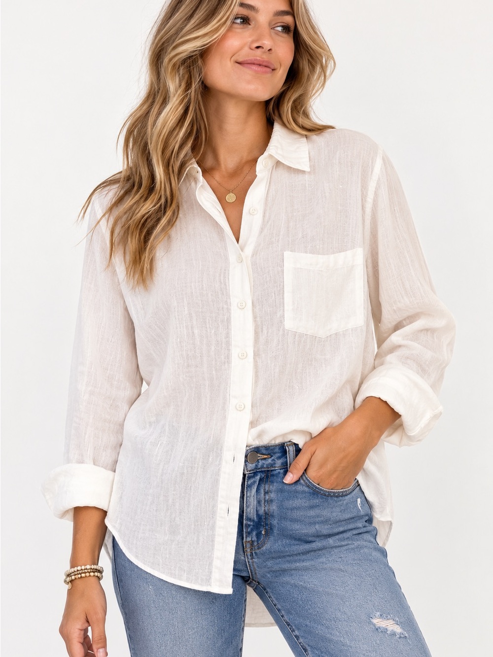 Free People Lightweight White Button-Up Shirt - Women's Casual Top